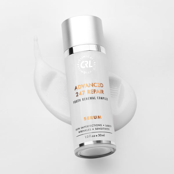 Clinical Resolution Advanced 247 Repair Serum bottle and smear on white background