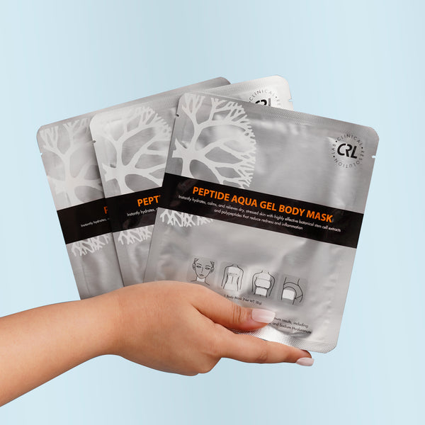 Peptide Aqua Gel Body Masks in hand on blue background