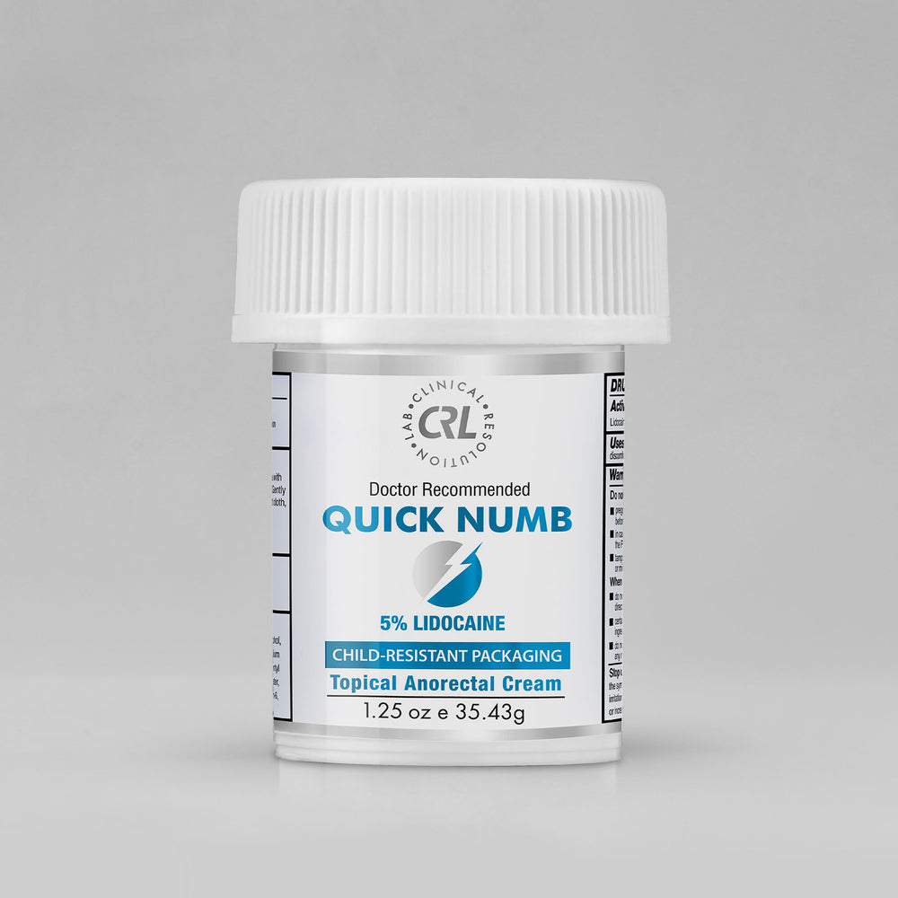 Jar of Quick Numb topical anorectal cream with CRL logo on a gray background