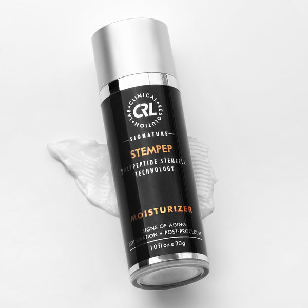 StemPep Moisturizer smear and bottle on white background