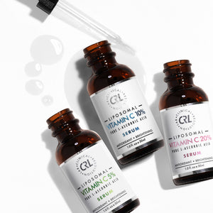 Liposomal Vitamin C Serums 5%, 10%, 20% smear on white background