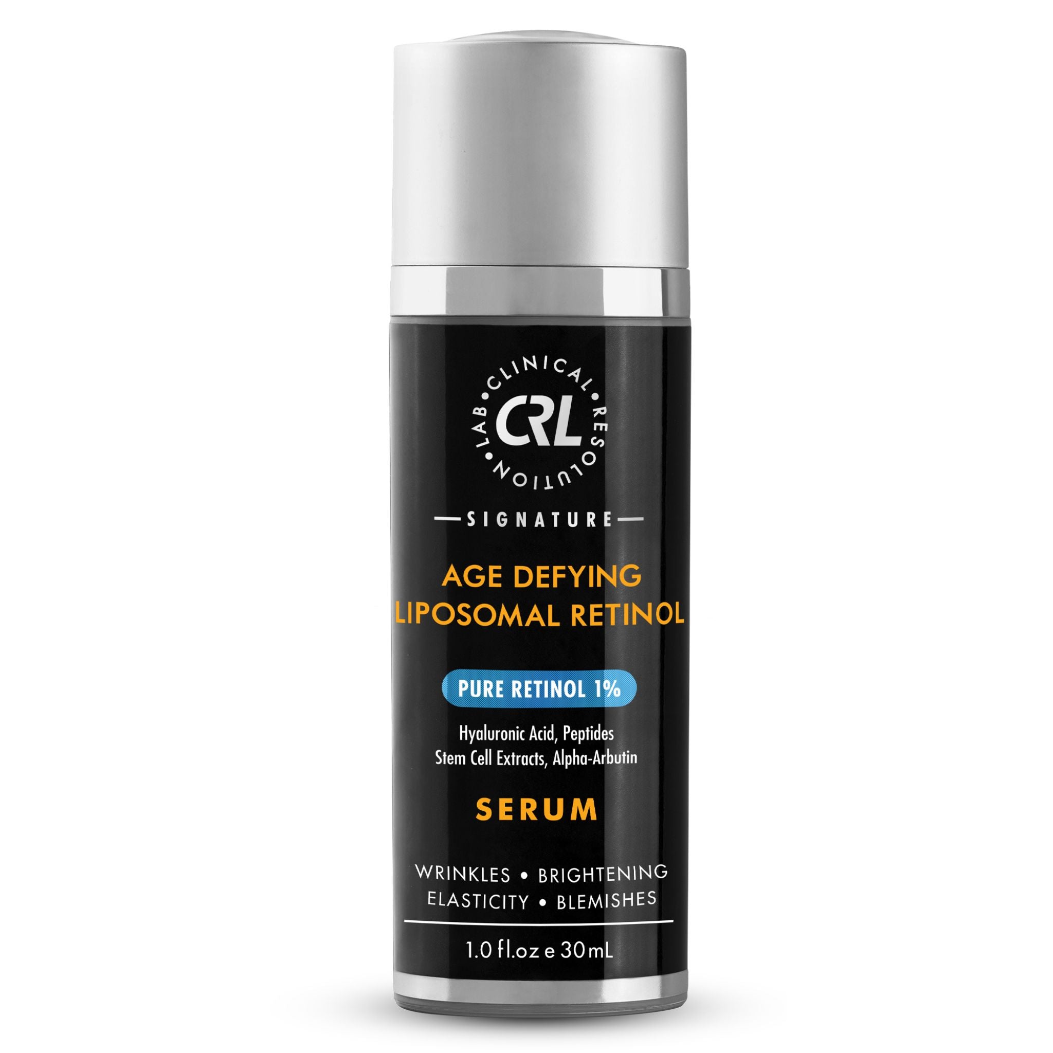 CRL age defyling liposomal retinol serum on white background