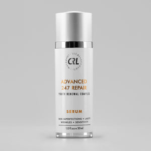 Clinical Resolution Advanced 247 Repair Serum in a white and silver bottle, Youth Renewal Complex for wrinkles, sensitivity, and skin imperfections