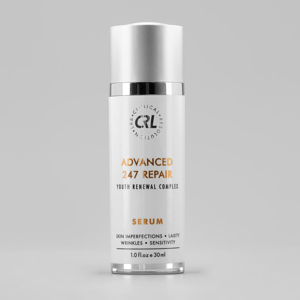 Clinical Resolution Advanced 247 Repair Serum in a white and silver bottle, Youth Renewal Complex for wrinkles, sensitivity, and skin imperfections
