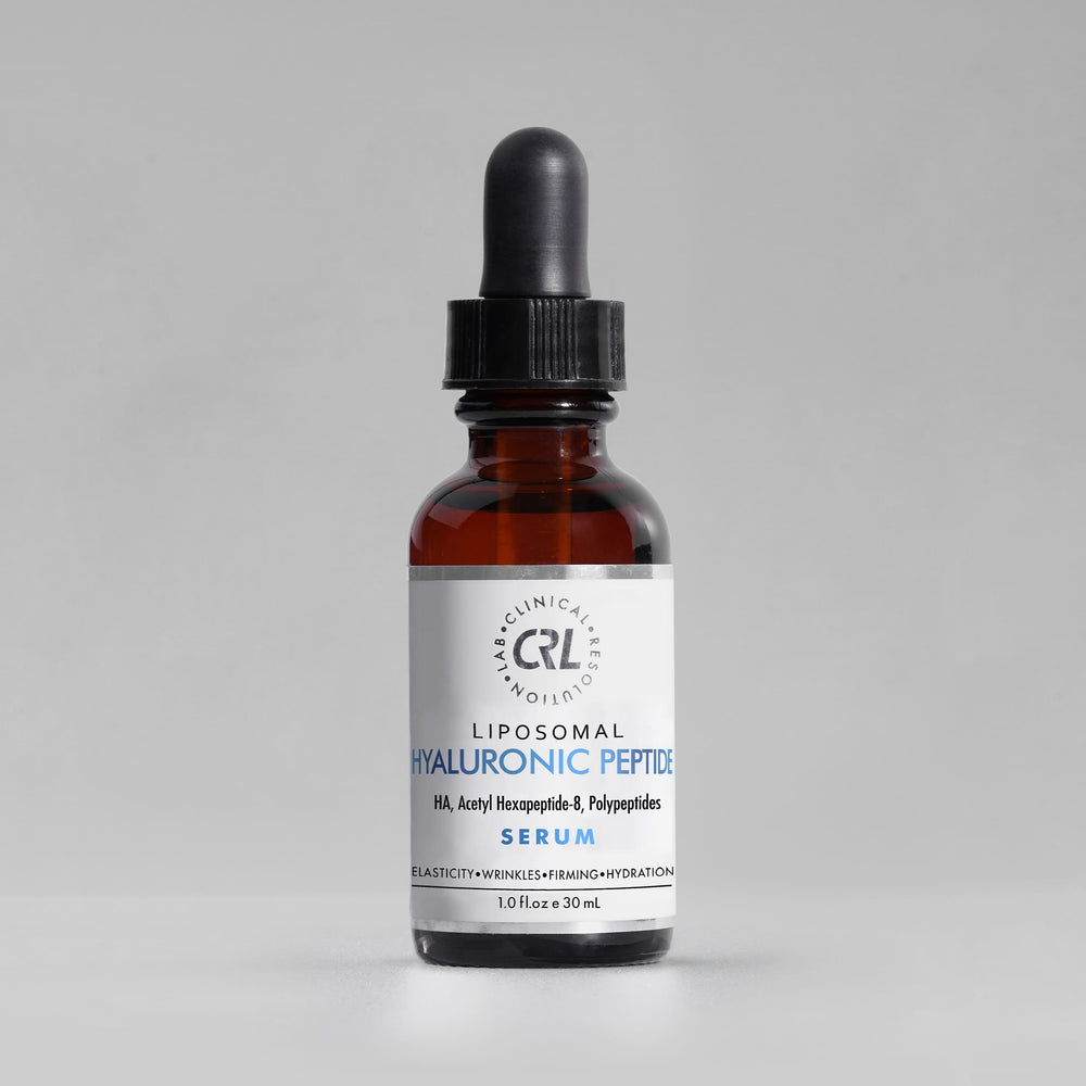 clinical resolution hyaluronic peptide serum in a 1oz white dropper bottle