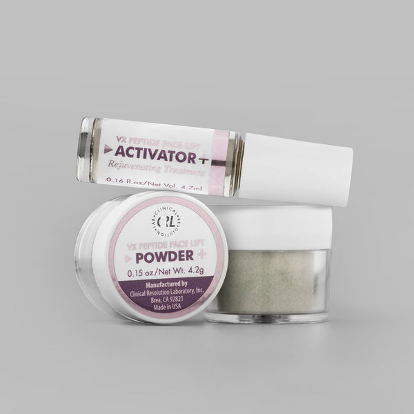 clinical resolution vx peptide face lift mask activator and powder bottles on gray background