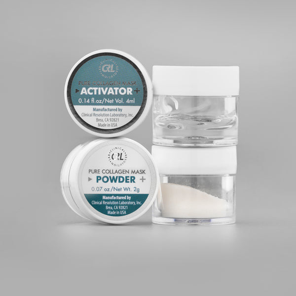 clinical resolution pure collagen mask activator on top of powder bottle n gray background