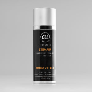 clinical resolution stempep moisturizer in black bottle on gray background