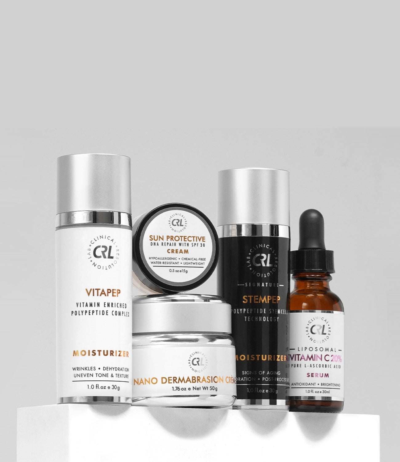 crl products on top of podium on light gray background