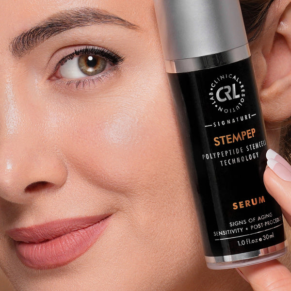 clinical resolution stempep serum in hand next to womans face