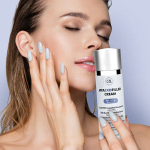 a model with a bottle of HyaExoFiller Cream