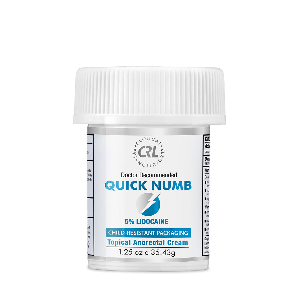 Jar of Quick Numb topical anorectal cream with CRL logo on a gray background