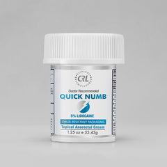 Jar of Quick Numb topical anorectal cream with CRL logo on a gray background