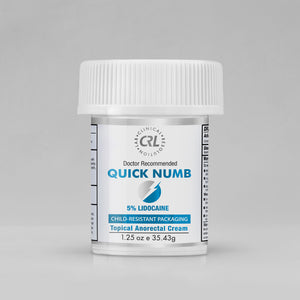 Jar of Quick Numb topical anorectal cream with CRL logo on a gray background