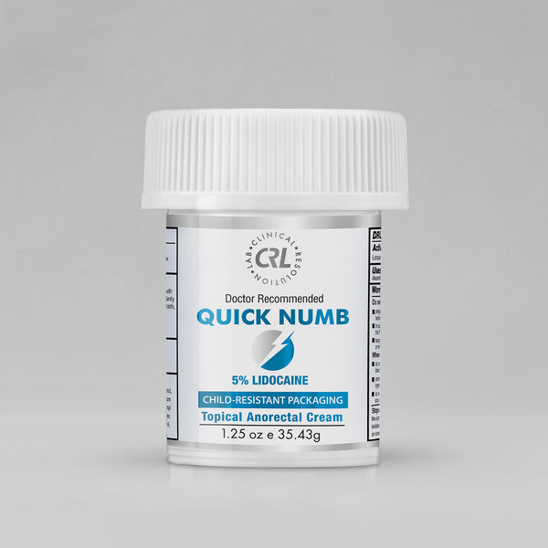 Jar of Quick Numb topical anorectal cream with CRL logo on a gray background