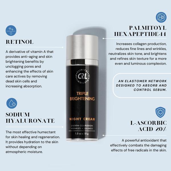 Skincare cream bottle with ingredient information on a light blue background