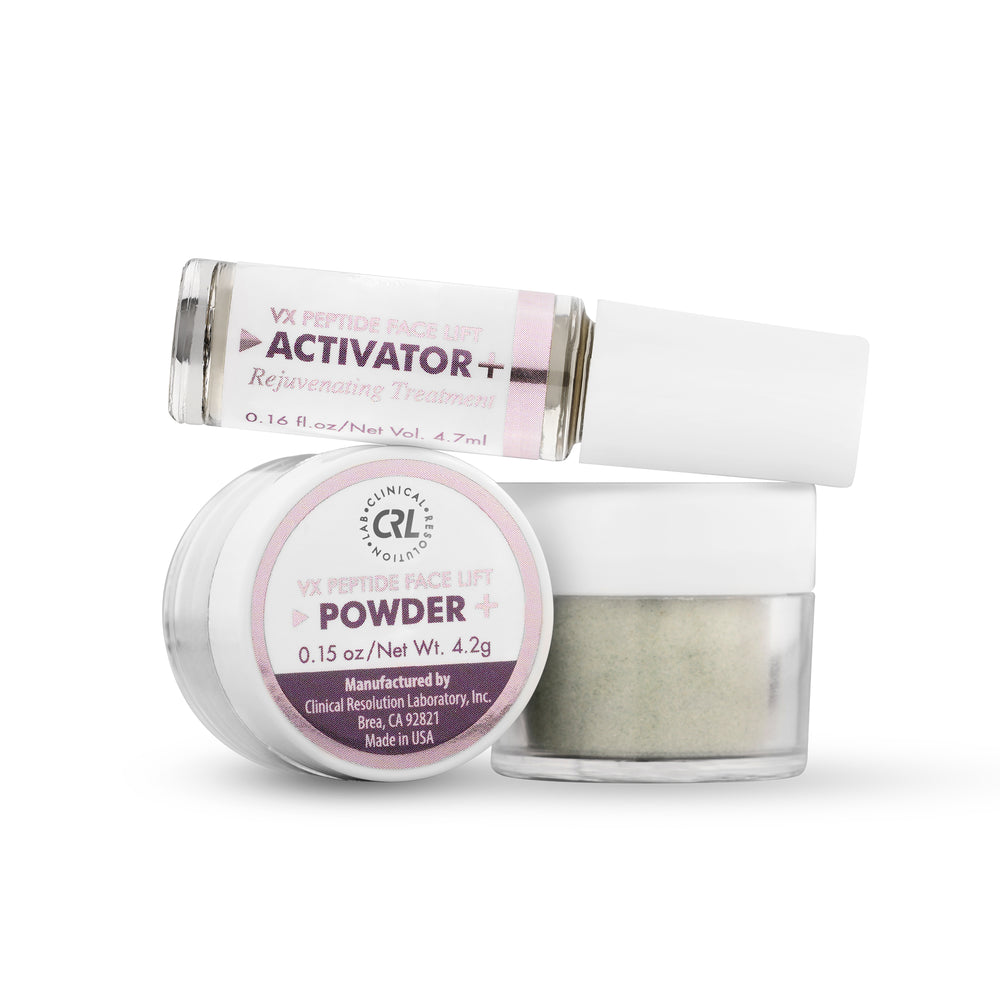 clinical resolution vx peptide face lift mask activator and powder bottles on gray background