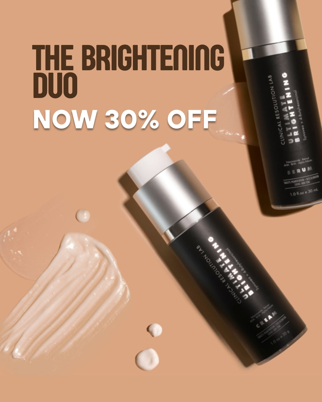 Two skincare bottles with a promotional message on a beige background