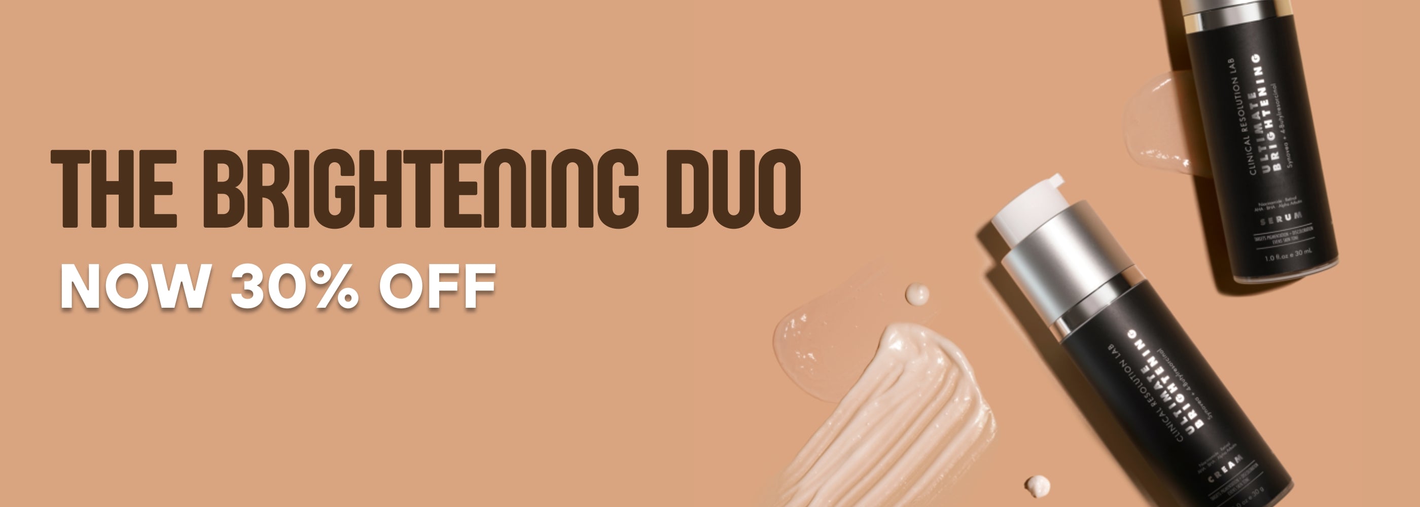 Cosmetic products with 'The Brightening Duo' text and discount offer on a beige background
