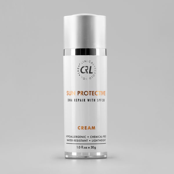 clinical resolution sun protective cream in white bottle on gray background